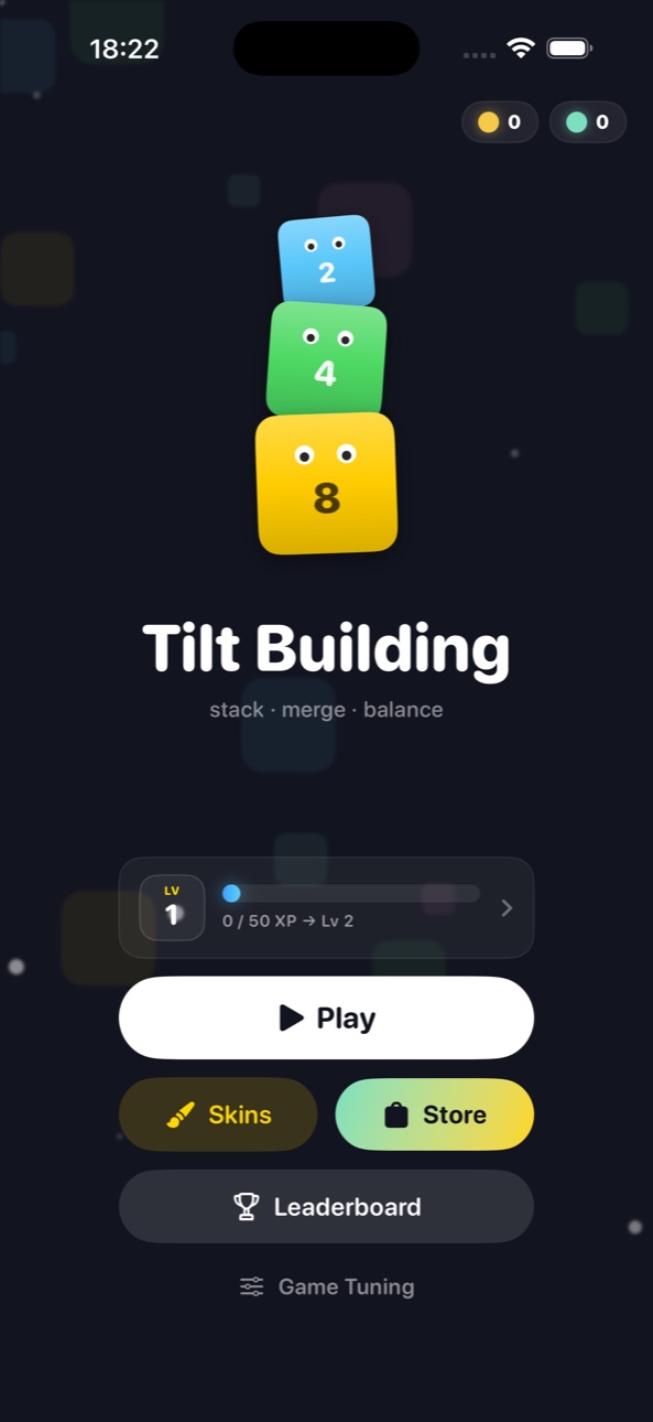 Tilt Building main menu with a stack of 8, 4 and 2 blocks