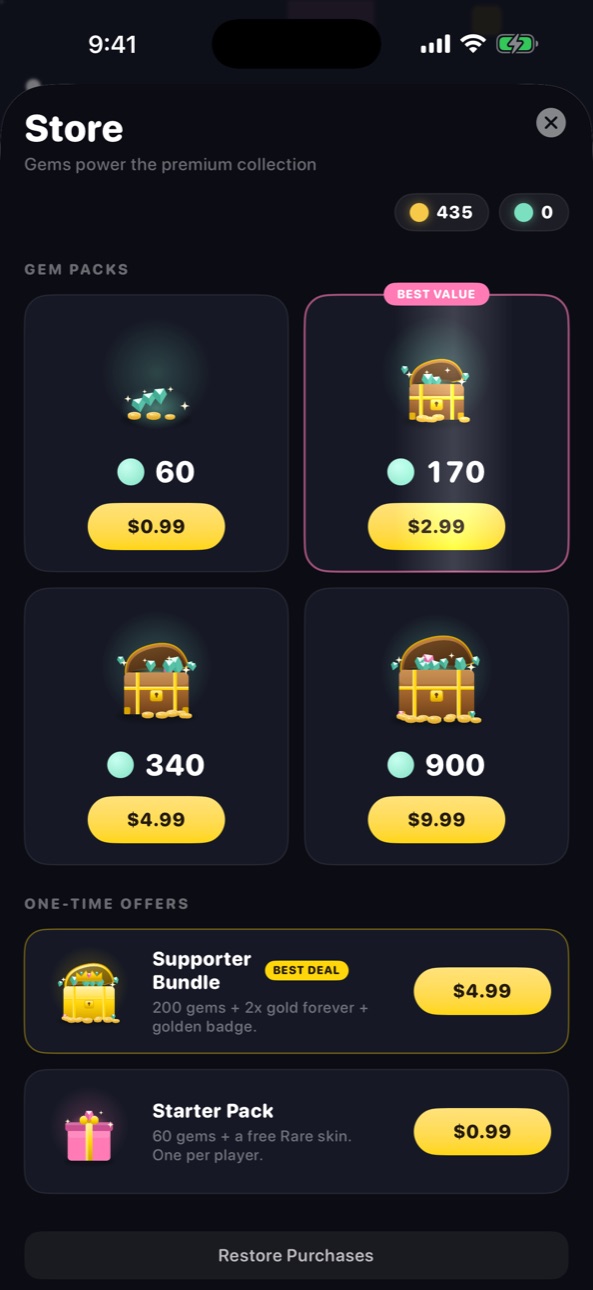 The in-game store with gem packs